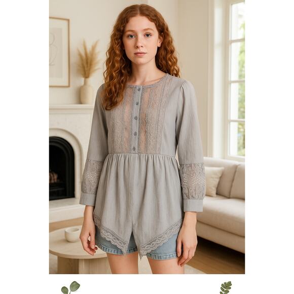 POL Cotton Lace Button Front Tunic Top Gray | Peasant Boho Blouse | Small - Picture 1 of 12